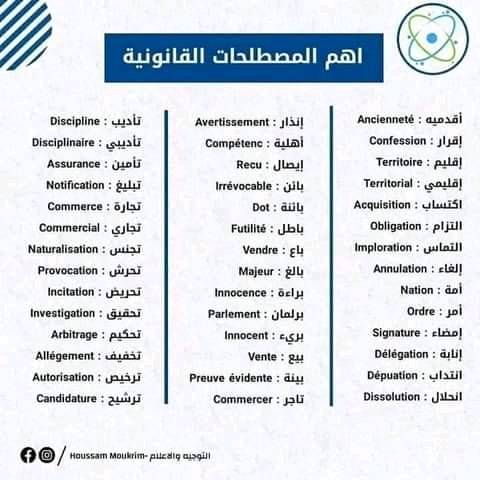 مصطلحات قانونية مترجمة بالعربية والفرنسية
