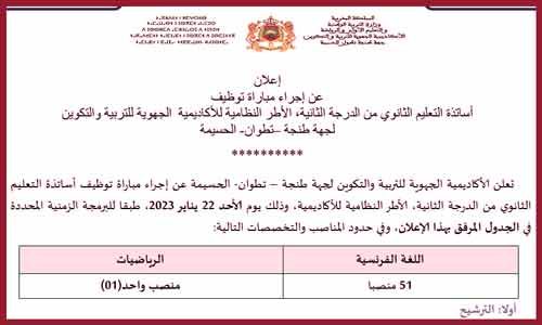 اعلان توظيف 52 أستاذ اطار الاكاديميات جهة طنجة 2023